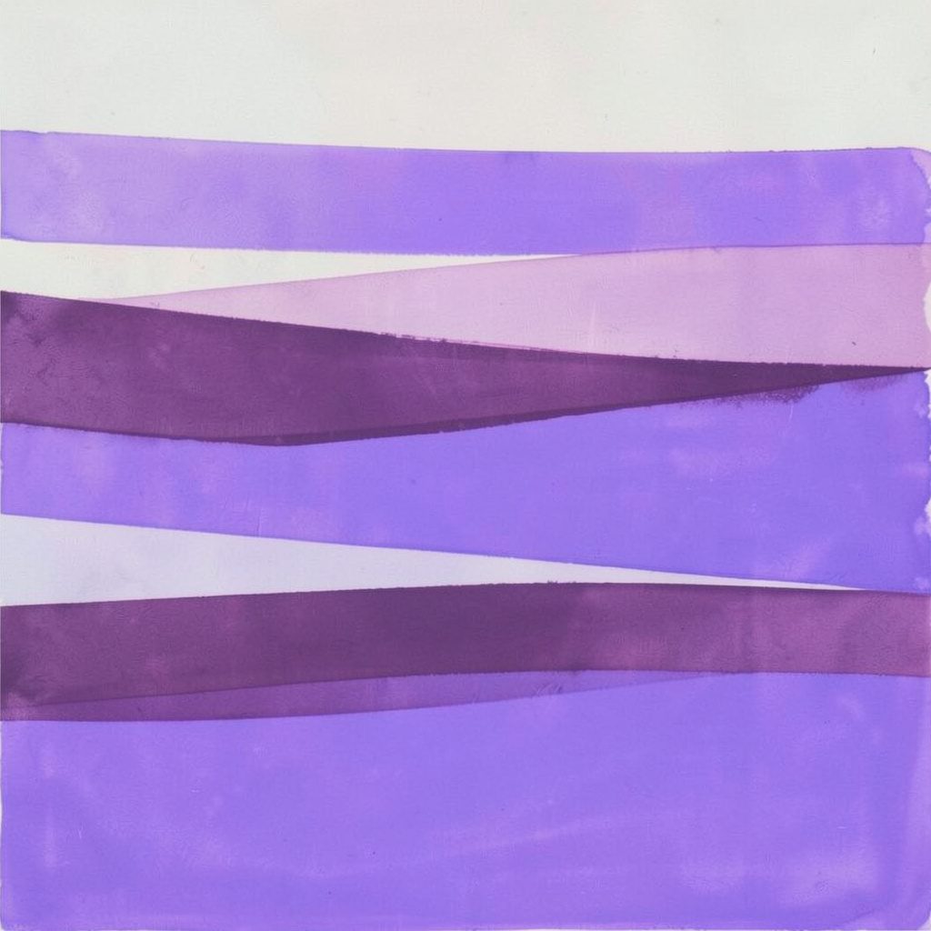Soft gouache poster painting in lavender and plum tones, abstract horizontal ribbons suggesting layered sponsor banners across a calm pastel background.